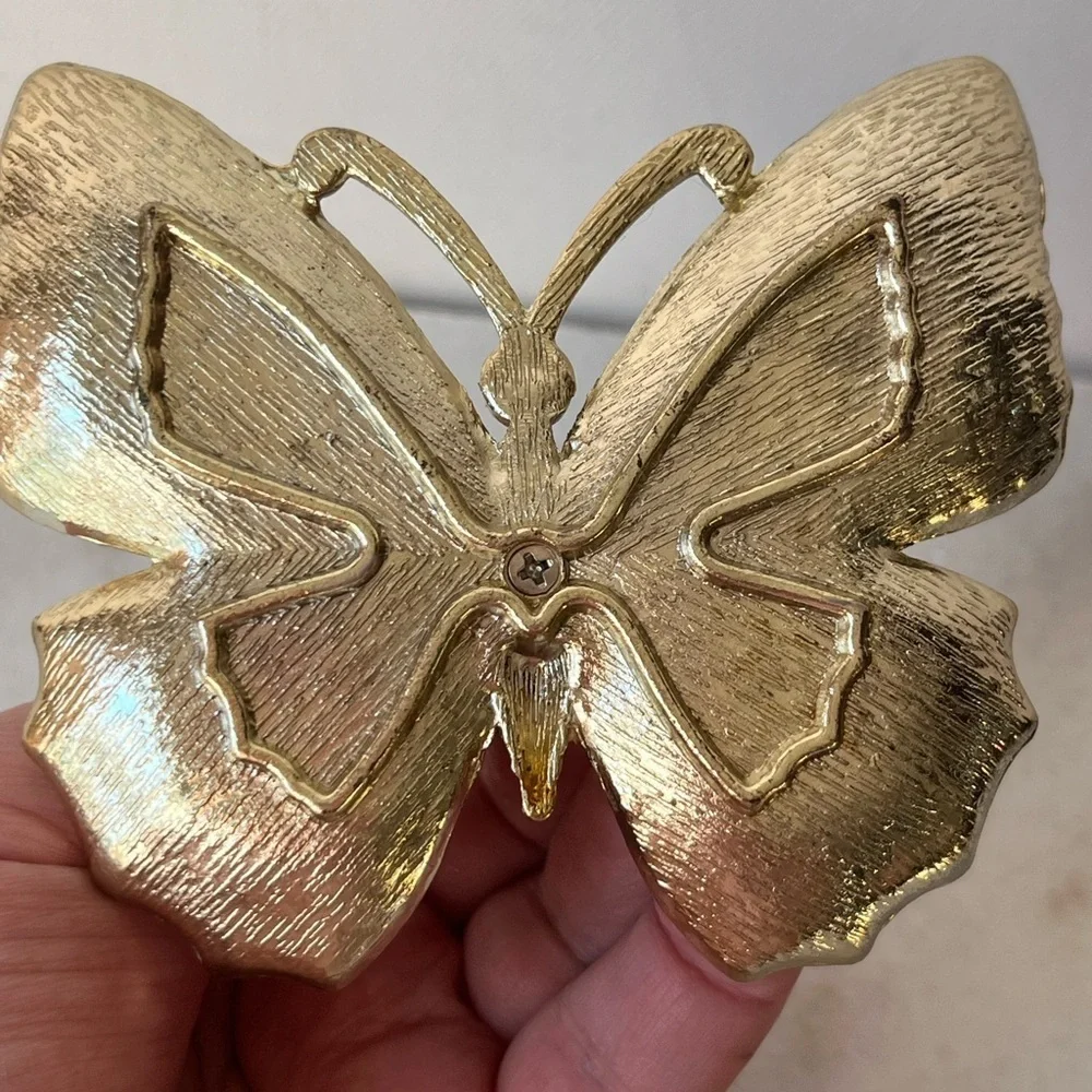 Pink purple Enamel and Gold Plated Butterfly Jewelry Ring Holder w/ Crystals